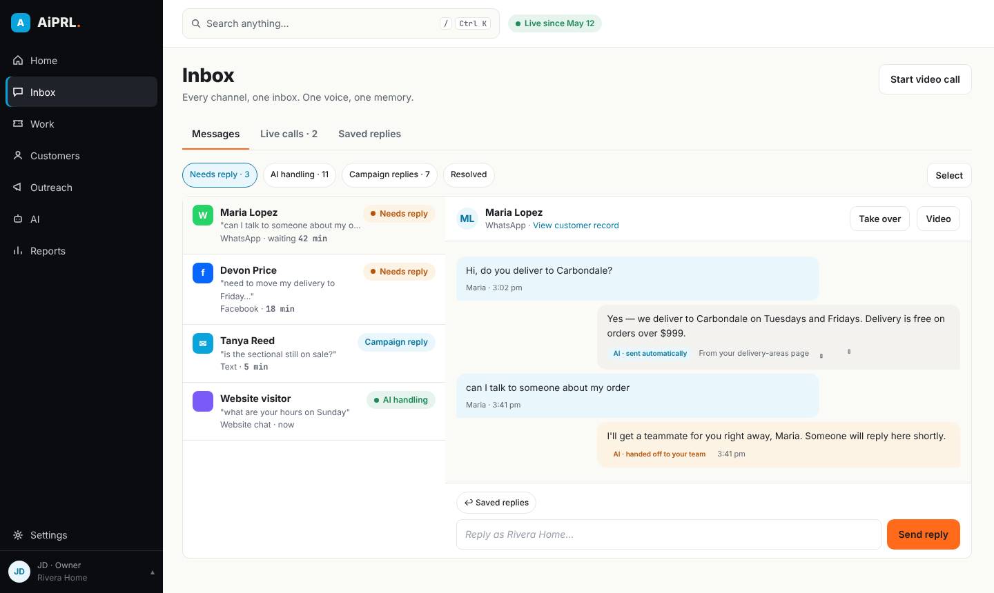 The new AiPRL inbox: WhatsApp, Facebook, text and web chat in one list, with the AI's answer and where it came from
